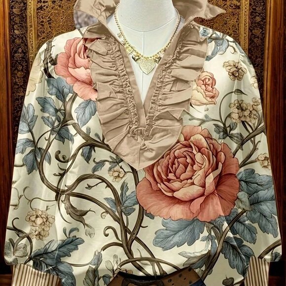 Tops - Multicolor Boho Women's Floral Print Ruffle V-Neck Striped Sleeve Top